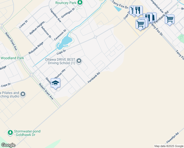 map of restaurants, bars, coffee shops, grocery stores, and more near 46 Caspian Row in Ottawa