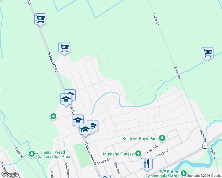 map of restaurants, bars, coffee shops, grocery stores, and more near Duncanville Street in Russell