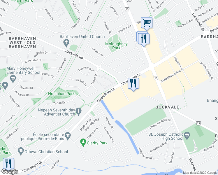 map of restaurants, bars, coffee shops, grocery stores, and more near 102 Bentbrook Crescent in Ottawa