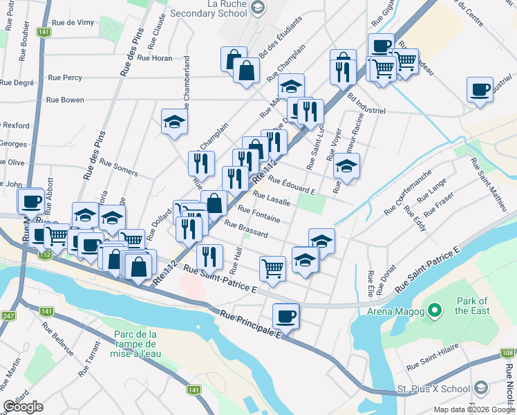 map of restaurants, bars, coffee shops, grocery stores, and more near Rue Hall in Magog