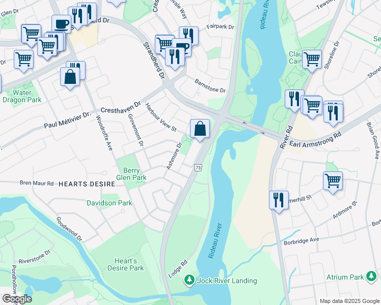 map of restaurants, bars, coffee shops, grocery stores, and more near 21 Bearman Street in Ottawa