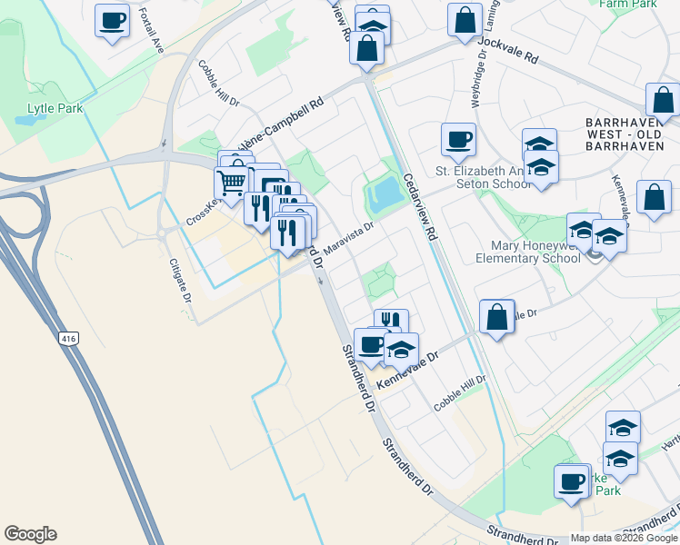 map of restaurants, bars, coffee shops, grocery stores, and more near 39 Chesapeake Crescent in Ottawa