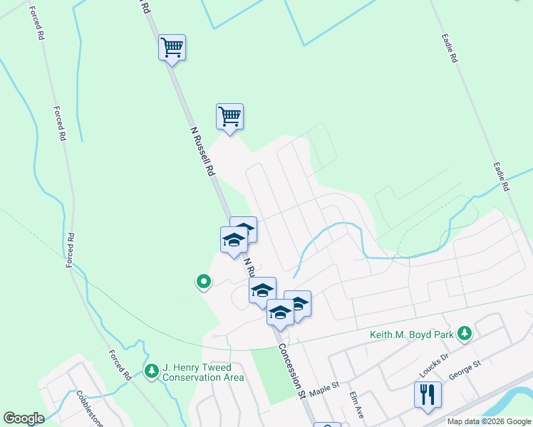 map of restaurants, bars, coffee shops, grocery stores, and more near 101 Sunset Crescent in Russell
