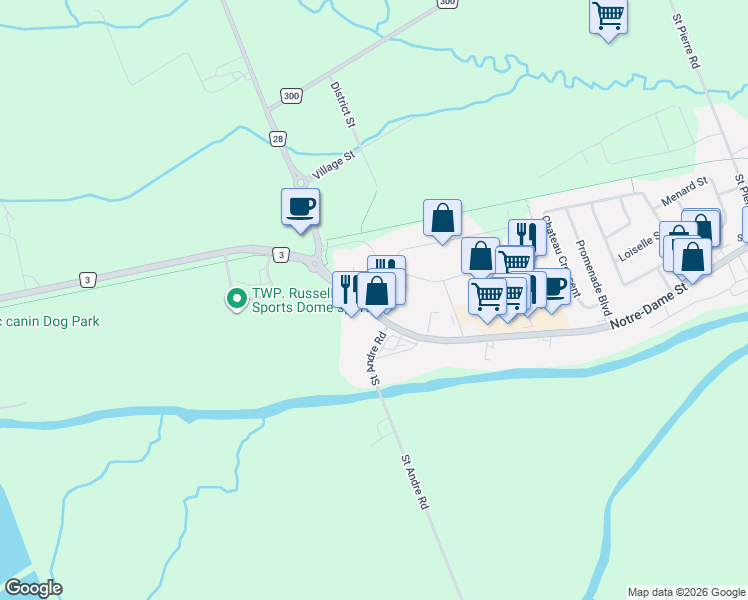 map of restaurants, bars, coffee shops, grocery stores, and more near 671 Notre-Dame Street in Embrun