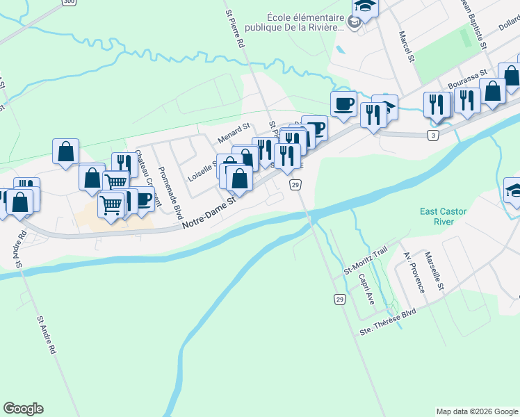map of restaurants, bars, coffee shops, grocery stores, and more near 300 Solstice Crescent in Embrun