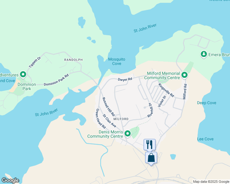 map of restaurants, bars, coffee shops, grocery stores, and more near Balmoral Court in Saint John