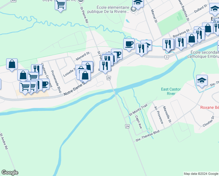 map of restaurants, bars, coffee shops, grocery stores, and more near 1232 Ste Marie Street in Embrun