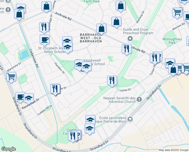 map of restaurants, bars, coffee shops, grocery stores, and more near 34 Wheeler Street in Ottawa