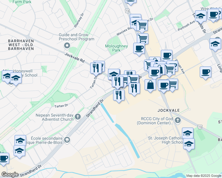 map of restaurants, bars, coffee shops, grocery stores, and more near 92 Bentbrook Crescent in Ottawa