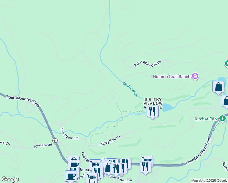 map of restaurants, bars, coffee shops, grocery stores, and more near 2500 Little Coyote Road in Big Sky