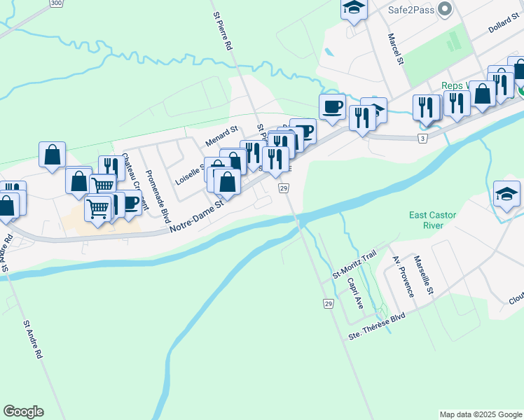 map of restaurants, bars, coffee shops, grocery stores, and more near 1232 Ste Marie Street in Embrun