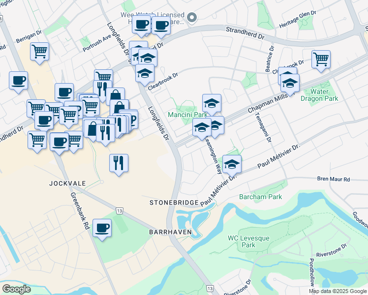 map of restaurants, bars, coffee shops, grocery stores, and more near in Ottawa