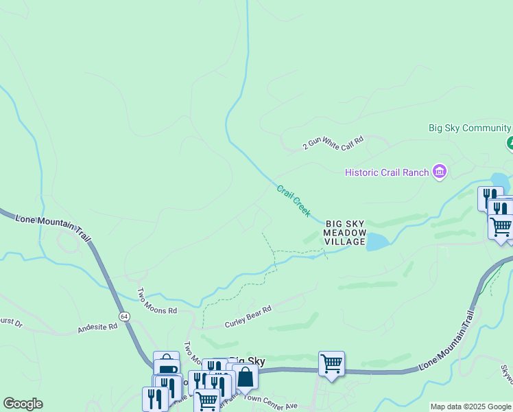 map of restaurants, bars, coffee shops, grocery stores, and more near 2500 Little Coyote Road in Big Sky