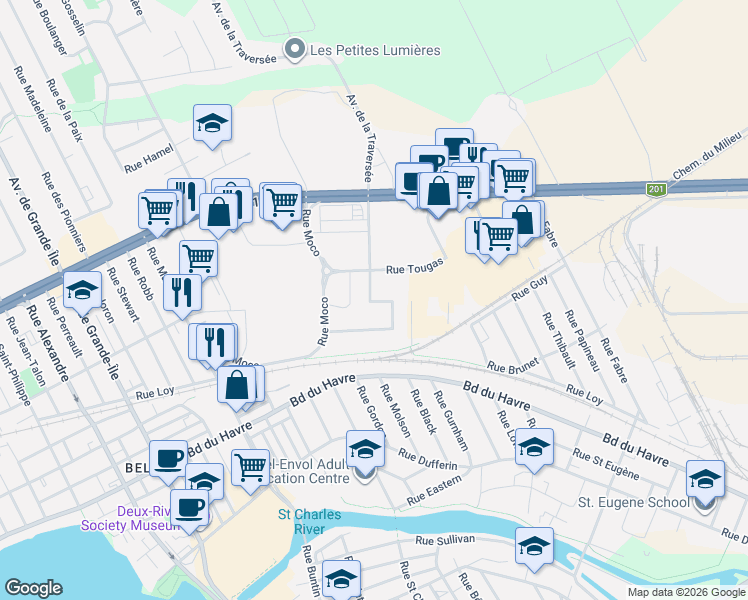 map of restaurants, bars, coffee shops, grocery stores, and more near 136 Rue Michel Choinière in Salaberry-de-Valleyfield