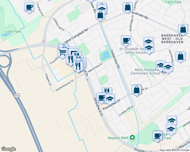 map of restaurants, bars, coffee shops, grocery stores, and more near 29 Chesapeake Crescent in Ottawa