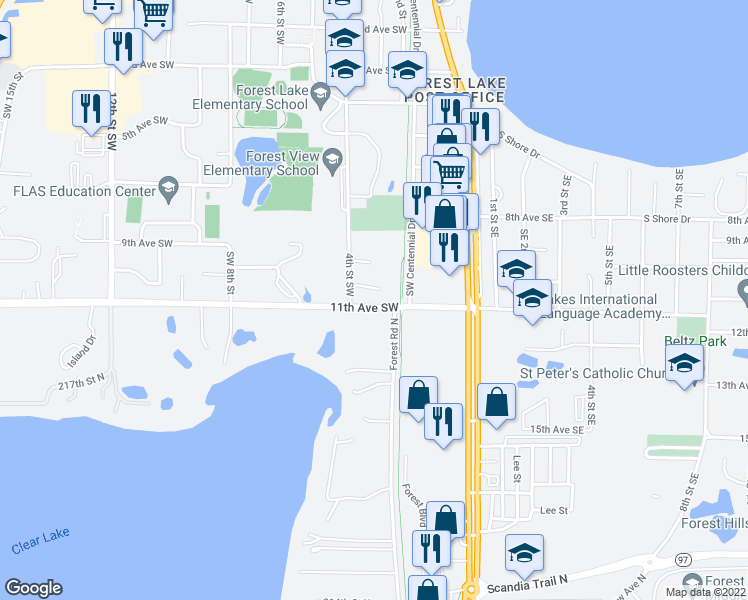 map of restaurants, bars, coffee shops, grocery stores, and more near 243 11th Avenue Southwest in Forest Lake