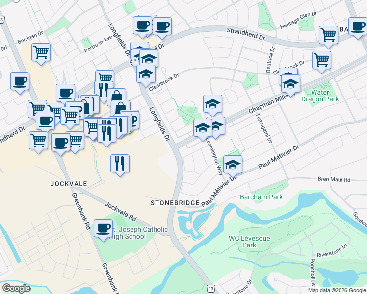 map of restaurants, bars, coffee shops, grocery stores, and more near 772 Chapman Mills Drive in Ottawa