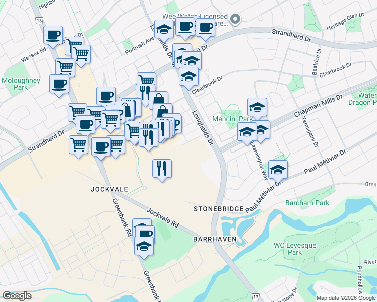 map of restaurants, bars, coffee shops, grocery stores, and more near 801 Glenroy Gilbert Drive in Ottawa