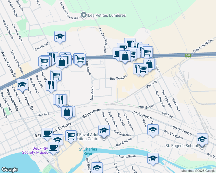 map of restaurants, bars, coffee shops, grocery stores, and more near 136 Rue Michel Choinière in Salaberry-de-Valleyfield