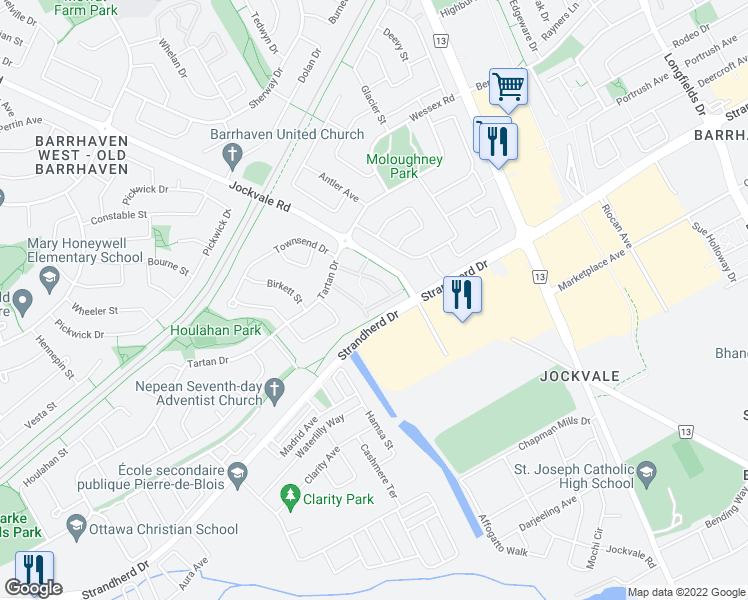 map of restaurants, bars, coffee shops, grocery stores, and more near 57 Bentbrook Crescent in Ottawa