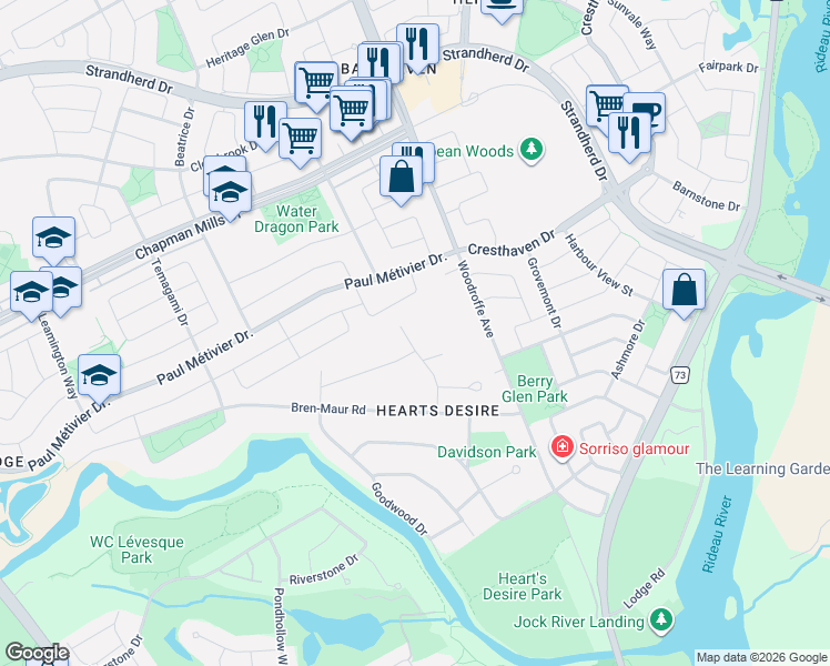 map of restaurants, bars, coffee shops, grocery stores, and more near 19 Newland Drive in Ottawa