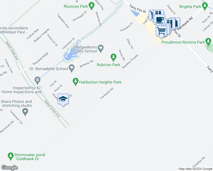 map of restaurants, bars, coffee shops, grocery stores, and more near 64 Caspian Row in Ottawa