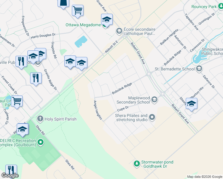 map of restaurants, bars, coffee shops, grocery stores, and more near 113 Dagenham Street in Ottawa