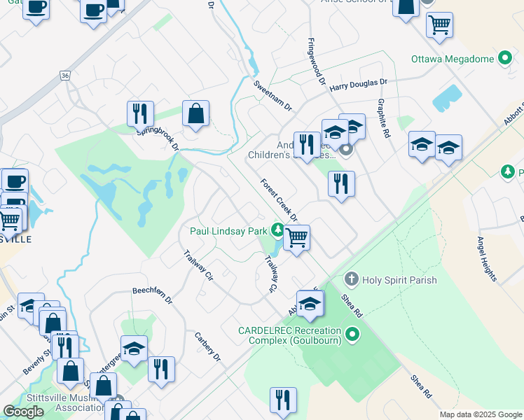 map of restaurants, bars, coffee shops, grocery stores, and more near 18 Elderwood Trail in Ottawa