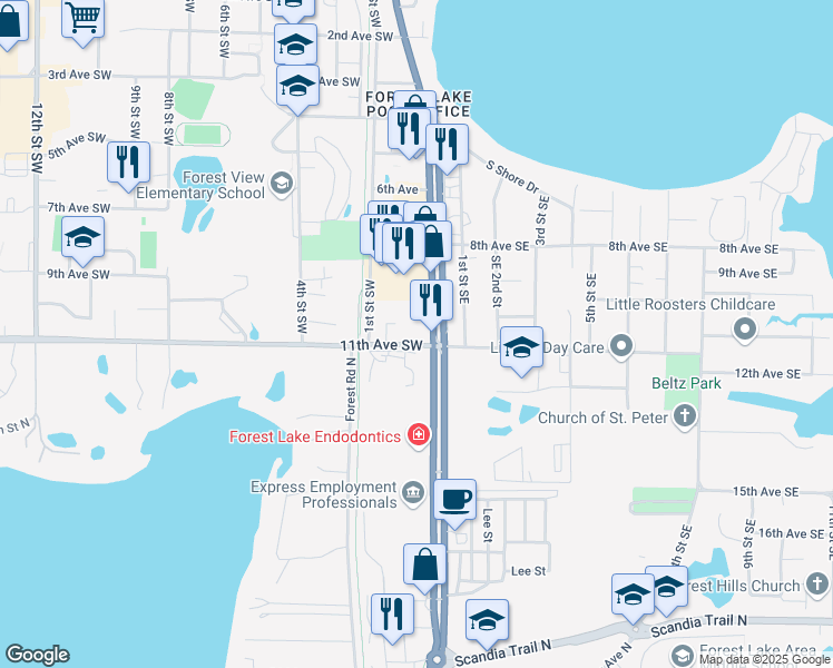 map of restaurants, bars, coffee shops, grocery stores, and more near 1068 Lake Street South in Forest Lake