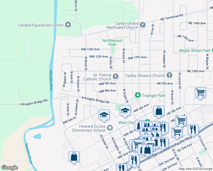 map of restaurants, bars, coffee shops, grocery stores, and more near 585 Northwest 9th Avenue in Canby