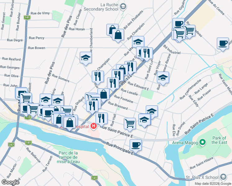 map of restaurants, bars, coffee shops, grocery stores, and more near 538 Rue Sherbrooke in Magog