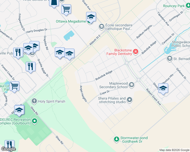 map of restaurants, bars, coffee shops, grocery stores, and more near 113 Dagenham Street in Ottawa