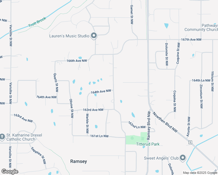 map of restaurants, bars, coffee shops, grocery stores, and more near 7003 164th Avenue Northwest in Ramsey