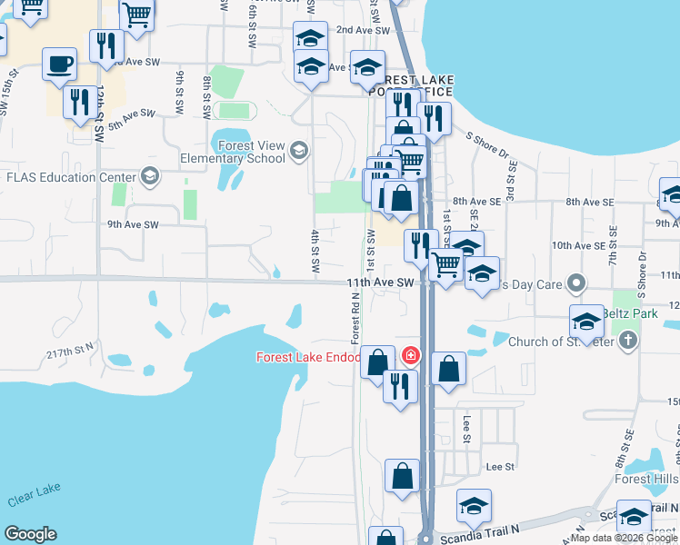 map of restaurants, bars, coffee shops, grocery stores, and more near in Forest Lake