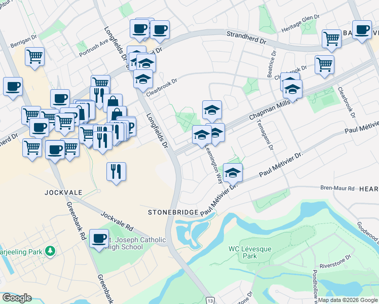 map of restaurants, bars, coffee shops, grocery stores, and more near 760 Chapman Mills Drive in Ottawa