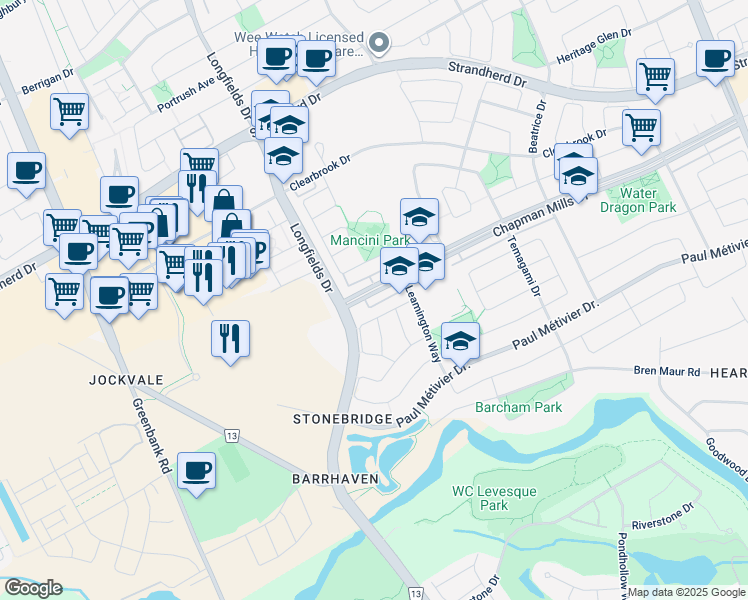 map of restaurants, bars, coffee shops, grocery stores, and more near 760 Chapman Mills Drive in Ottawa