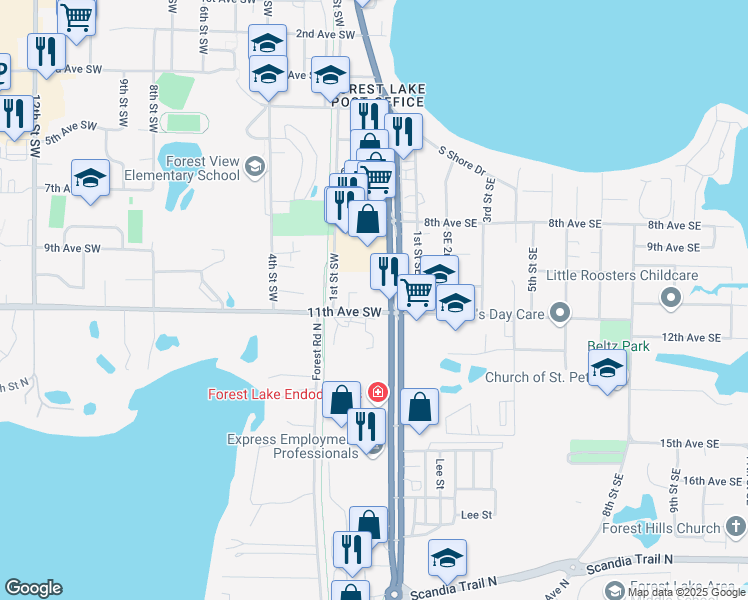 map of restaurants, bars, coffee shops, grocery stores, and more near 1068 Lake Street South in Forest Lake