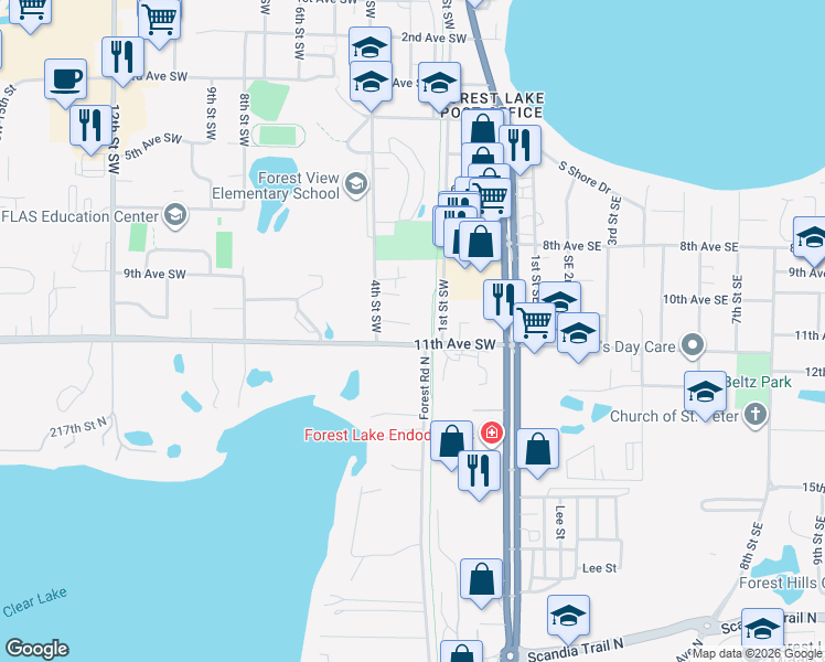 map of restaurants, bars, coffee shops, grocery stores, and more near 1081 4th Street Southwest in Forest Lake