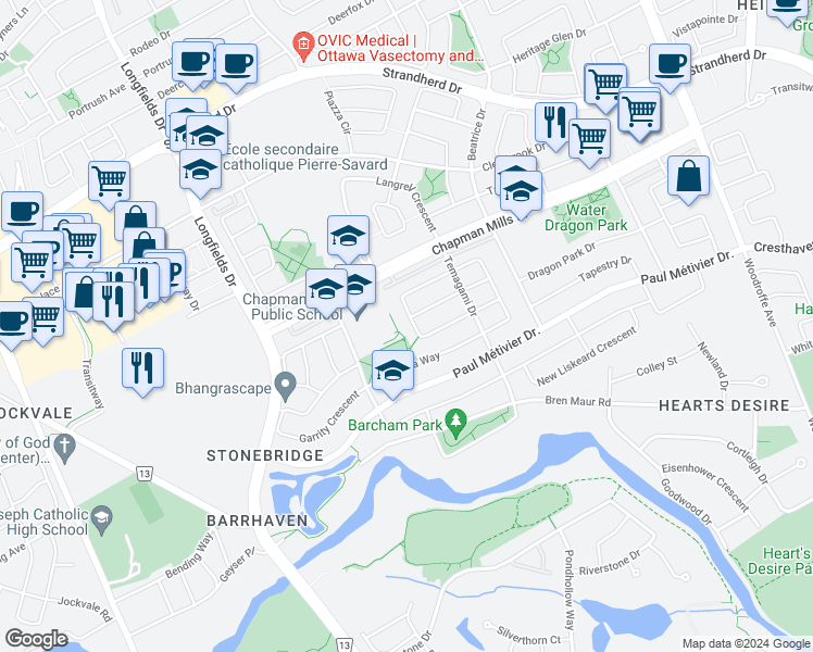 map of restaurants, bars, coffee shops, grocery stores, and more near 472 Temiskaming Crescent in Ottawa