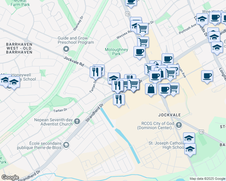 map of restaurants, bars, coffee shops, grocery stores, and more near 74 Bentbrook Crescent in Ottawa