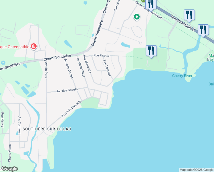 map of restaurants, bars, coffee shops, grocery stores, and more near 2113 Rue Pierre Hamel in Magog