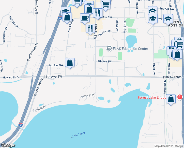 map of restaurants, bars, coffee shops, grocery stores, and more near 1018 12th Street Southwest in Forest Lake