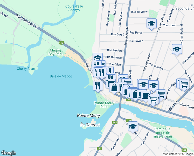 map of restaurants, bars, coffee shops, grocery stores, and more near 60 Rue du Lac in Magog