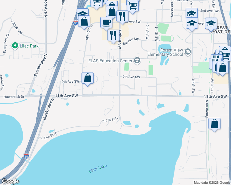 map of restaurants, bars, coffee shops, grocery stores, and more near 1018 12th Street Southwest in Forest Lake