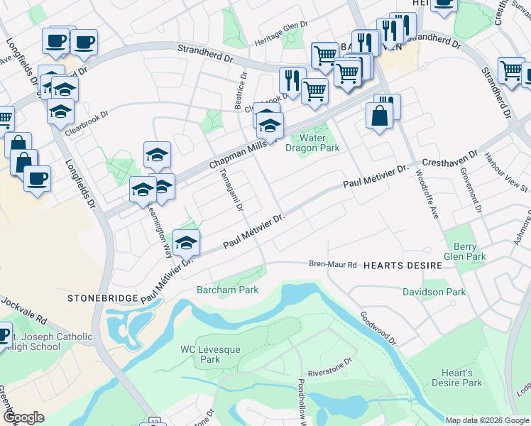 map of restaurants, bars, coffee shops, grocery stores, and more near 146 Springton Crescent in Ottawa