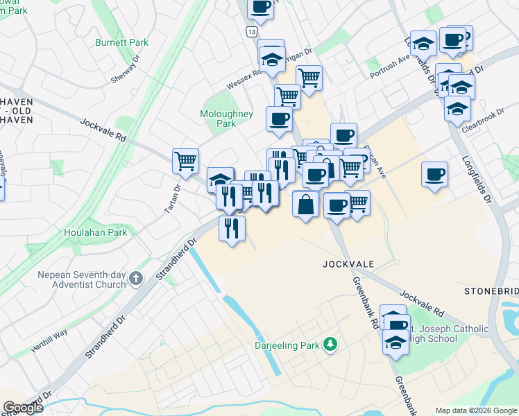 map of restaurants, bars, coffee shops, grocery stores, and more near 3775 Strandherd Drive in Ottawa