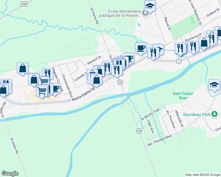 map of restaurants, bars, coffee shops, grocery stores, and more near 1232 Ste Marie Street in Embrun