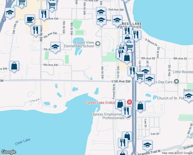 map of restaurants, bars, coffee shops, grocery stores, and more near 5805 11th Avenue Southwest in Forest Lake