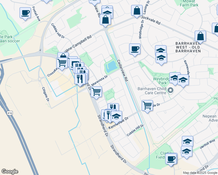 map of restaurants, bars, coffee shops, grocery stores, and more near 417 Fosterbrook Way in Ottawa