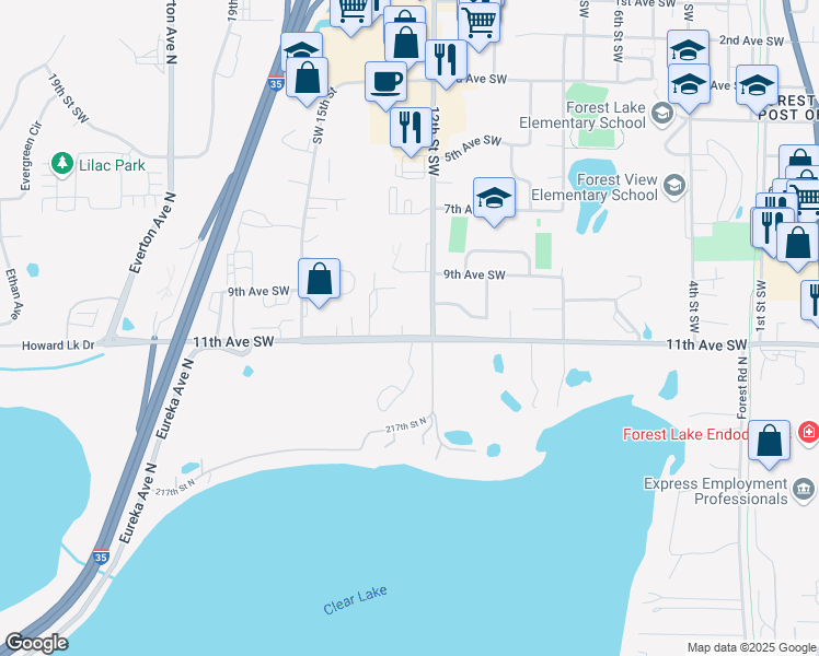 map of restaurants, bars, coffee shops, grocery stores, and more near 1018 12th Street Southwest in Forest Lake